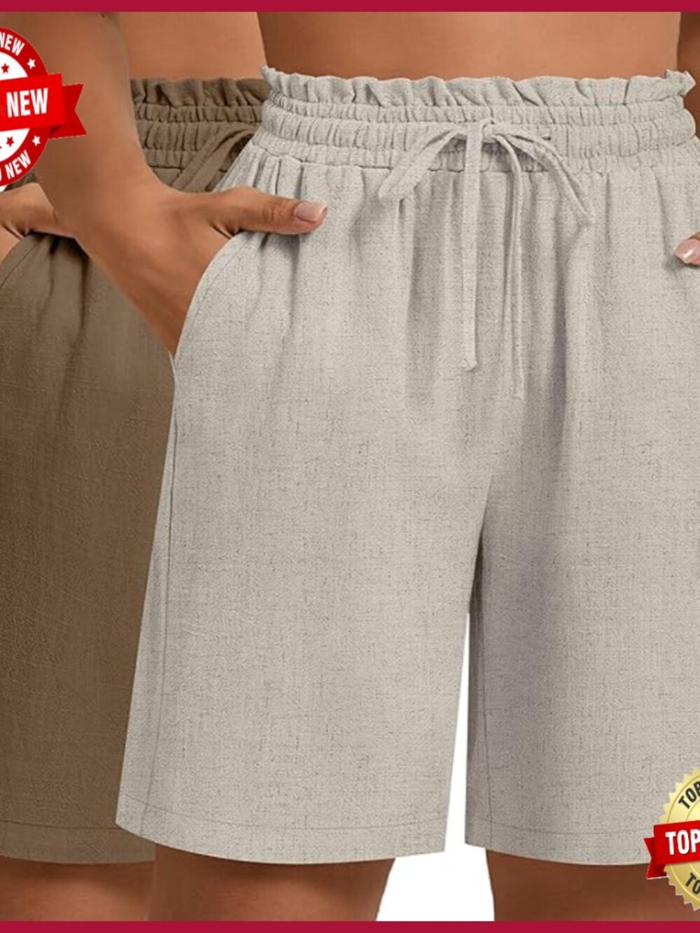 Plus Size Linen Bermuda Shorts 2 Pack High Waisted with Pockets